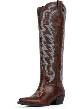 Women's Brown Cowboy Knee High Boots Pointed Wide Calf Chunky Heel Cowgirl
